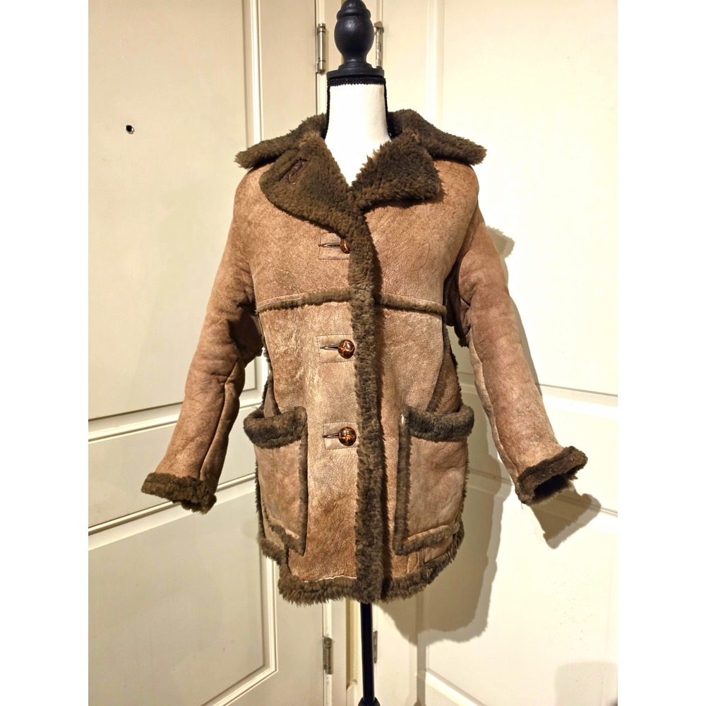 Schott Women's Brown Shearling Jacket L Mid-Length Fur Trim 3-Button Pockets